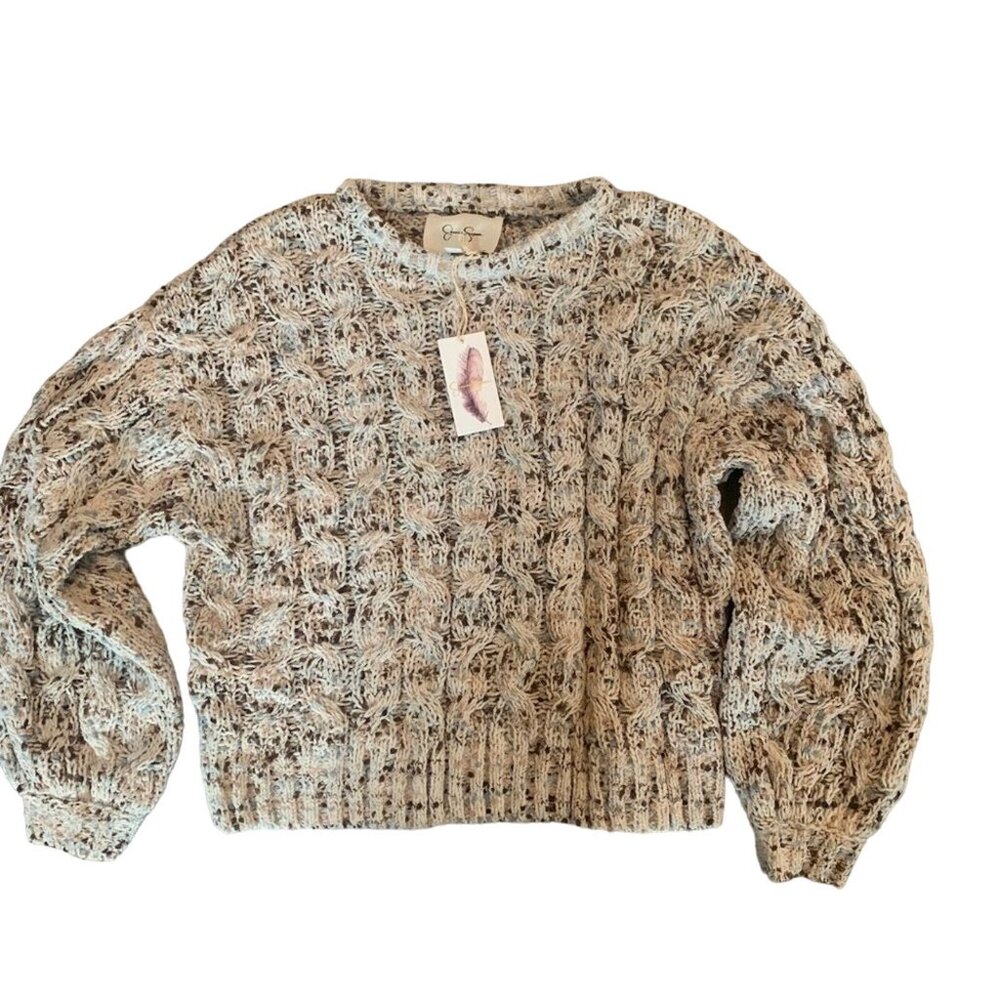 NWT JESSICA SIMPSON‎ BEIGE MULTI-COLOR DOT CHUNKY CABLE KNIT SWEATER XS